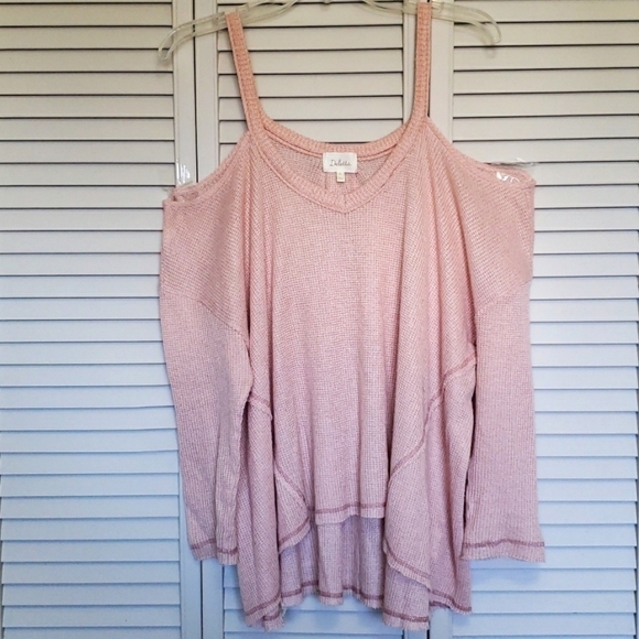 ANTHRO Deletta Oversized Cold Shoulder Waffle Knit Sweater Top, Small, Peach - Picture 3 of 13